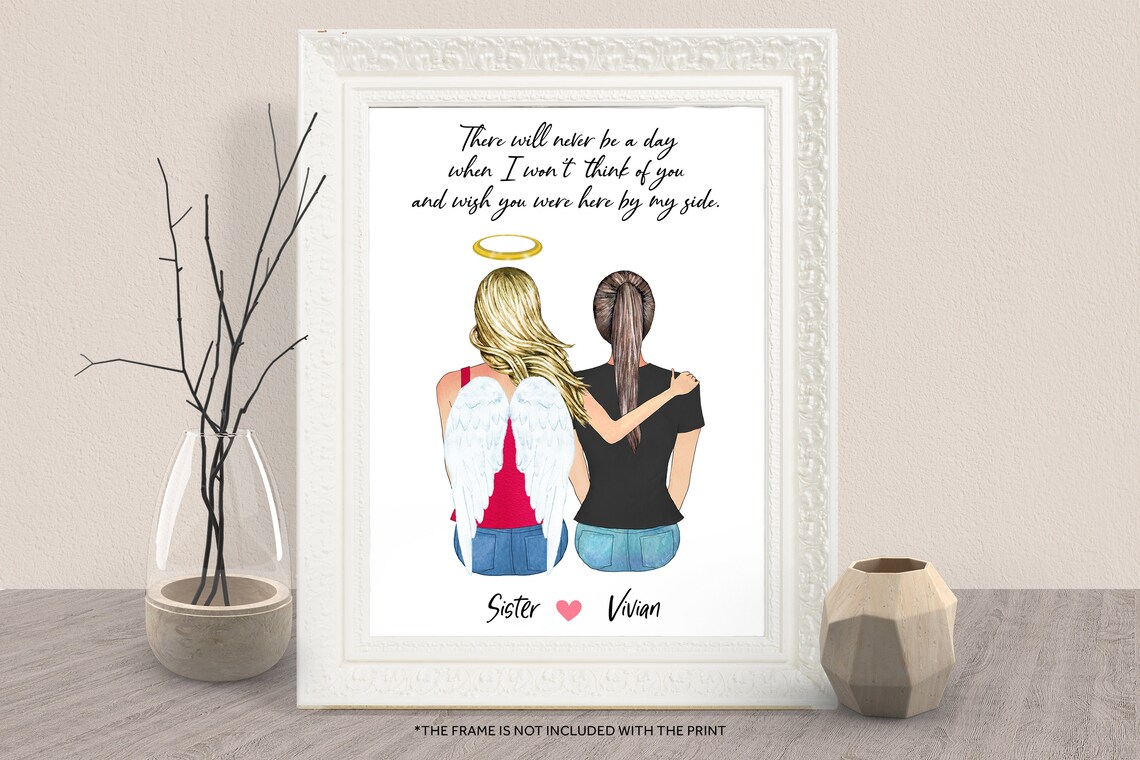 Custom Sister Memorial Angel Wings Portrait Print Gift for Her