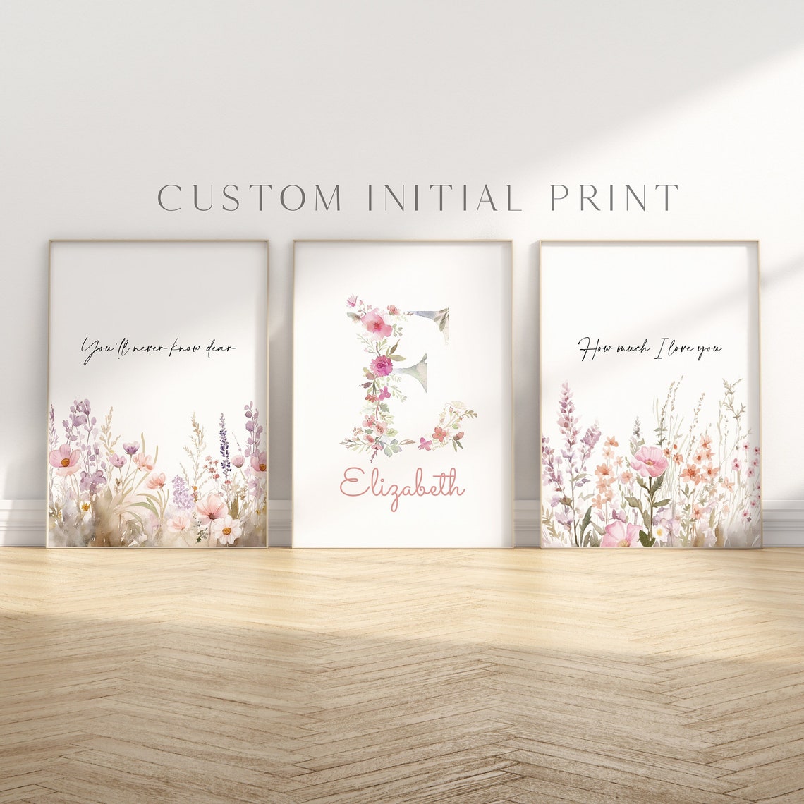 Custom Initial Nursery Print Set Wildflower Name Personalized 3 Pack