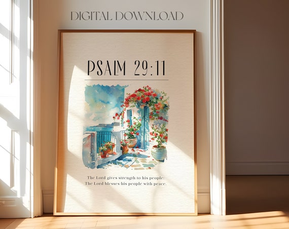 Psalm 2911 The Lord Gives Strength Santorini Mediterranean Wall Art Greece Landscape Bible Wall Art Christian Wall Art
