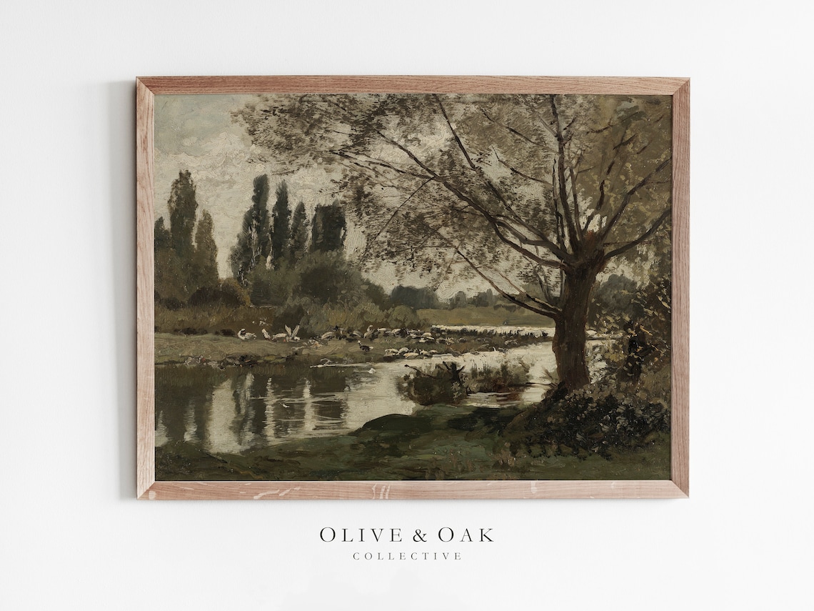 Earth Tone Vintage Landscape Painting, Cottagecore Art Print