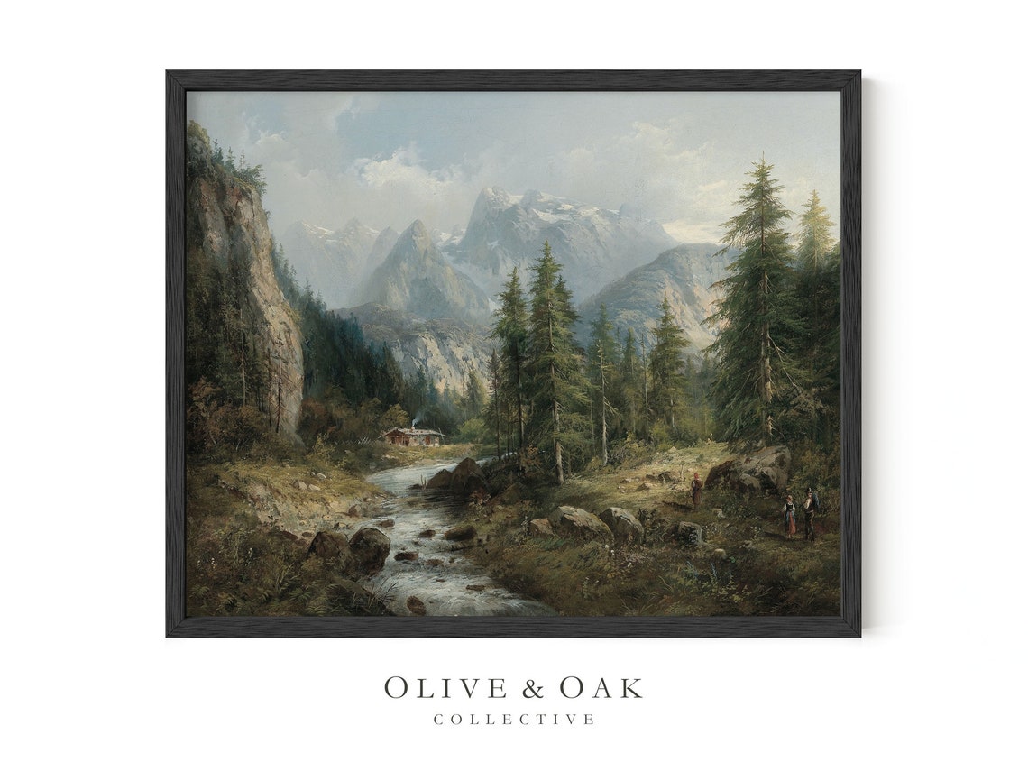 Rustic Mountain Landscape Painting Framed Wall Art Mountain Art Print Cabin Wall Decor 356 M - Image 2