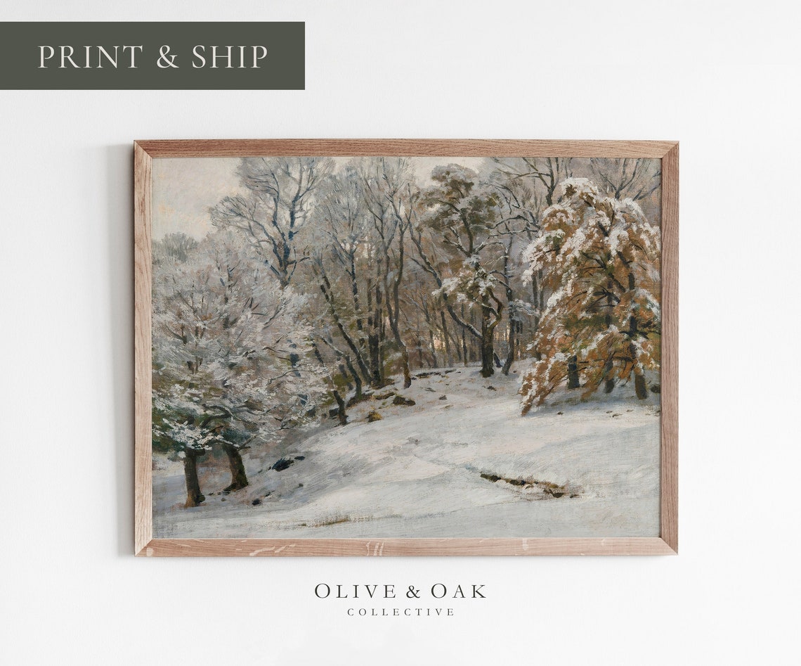 Snowy Trees Painting Vintage Winter Landscape Print Cozy Cabin Decor Printed Or Framed 359