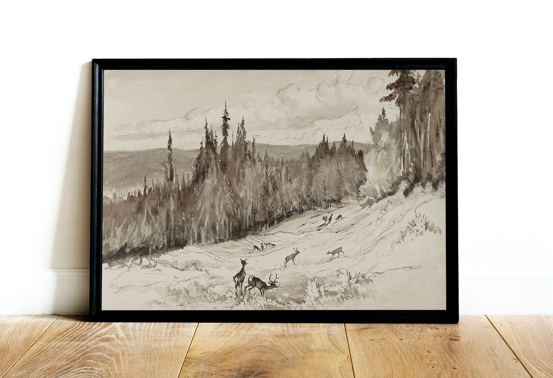Rustic Landscape Deer Painting, Cabin Decor Art Print - Image 2