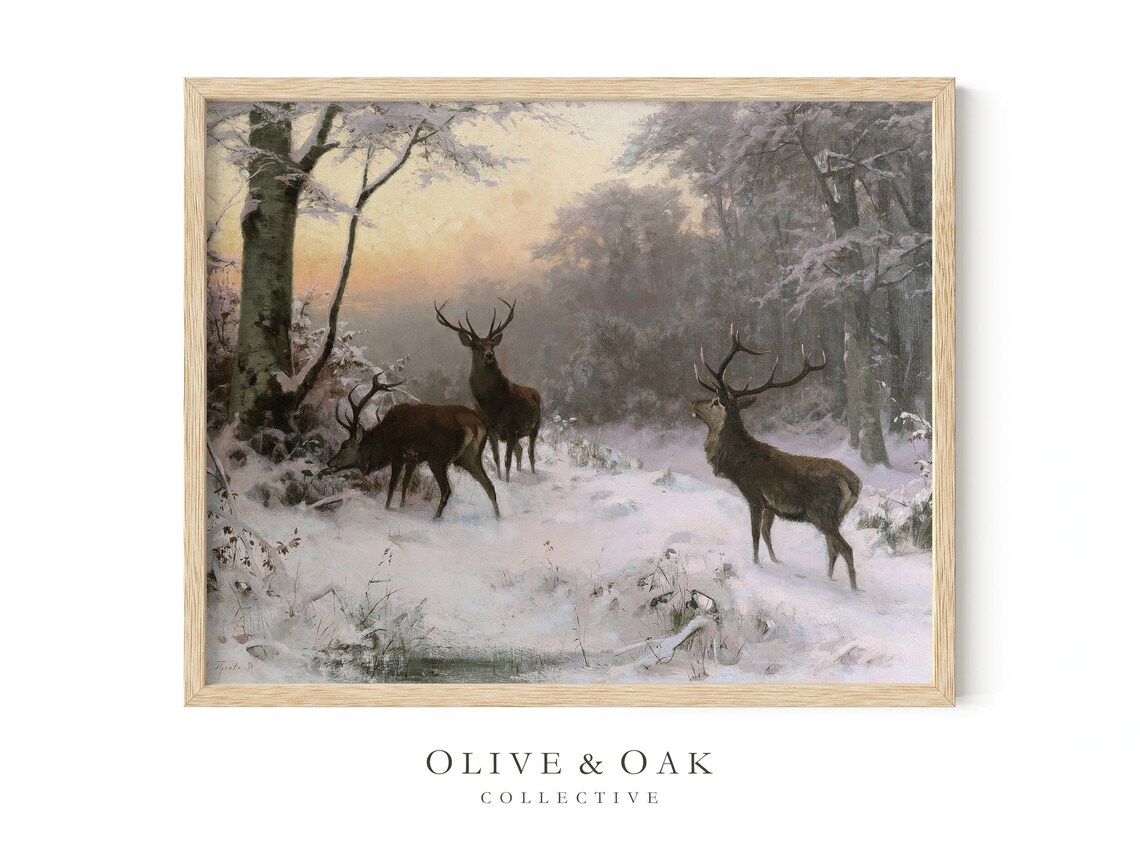 Deer Landscape Painting, Winter Snow Cabin Decor - Image 4