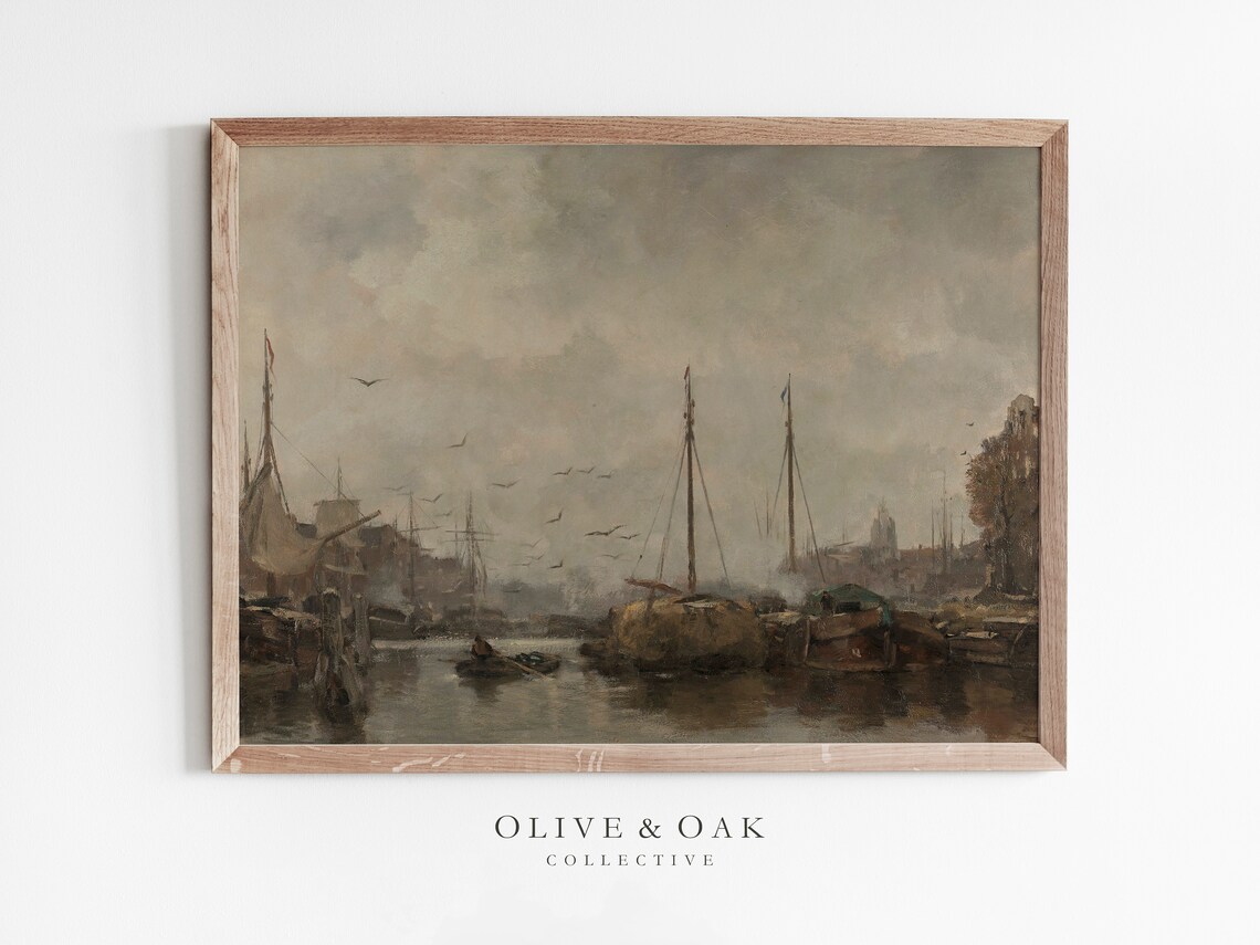 Moody Harbor Painting, Vintage Nautical Art Print