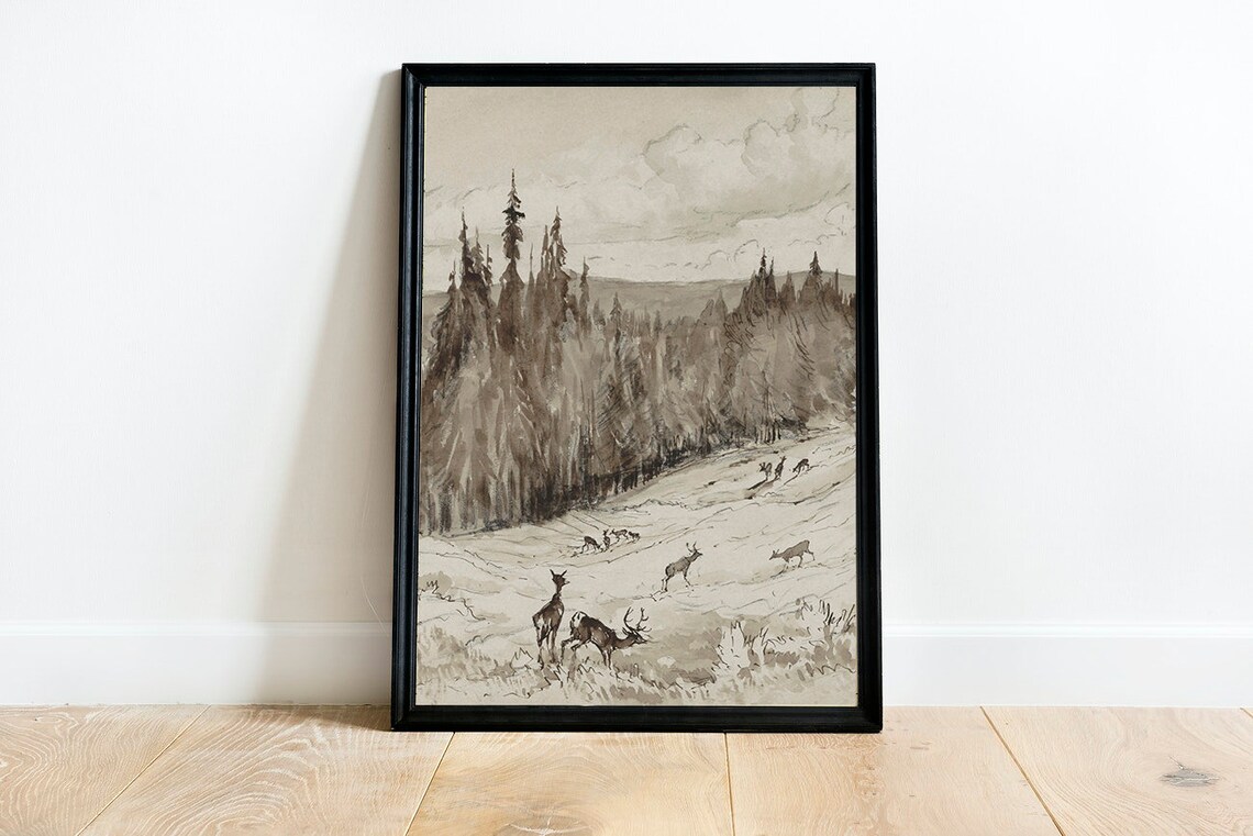 Rustic Deer, Neutral Landscape Art Print, Cabin Decor - Image 2