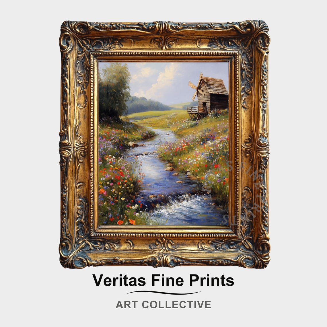 Rustic Windmill Stream Cottagecore Countryside Print Vintage Landscape Painting Country Farm Wall Art Instant
