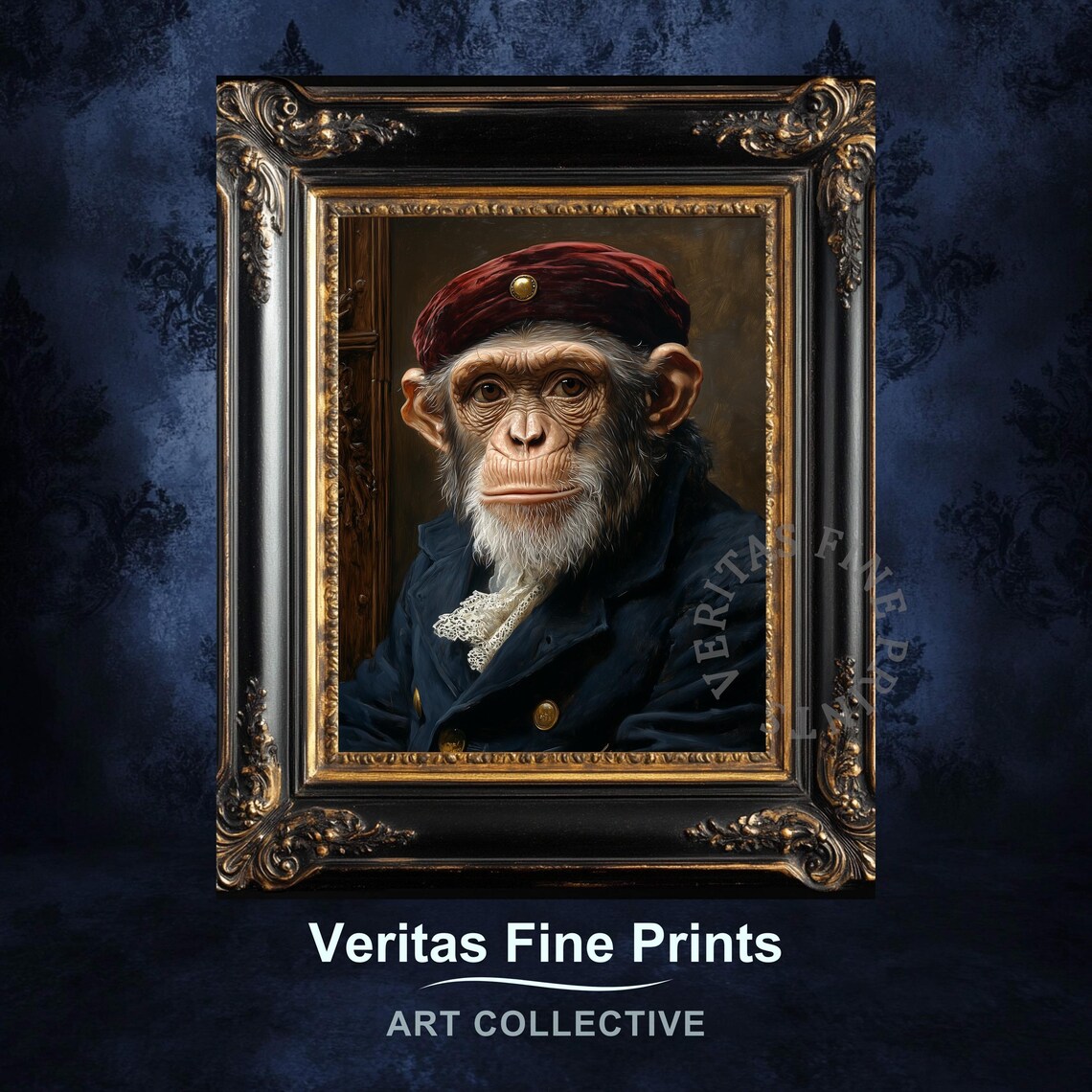 Chimpanzee In A Navy Coat And Red Velvet Beret Animal Poster
