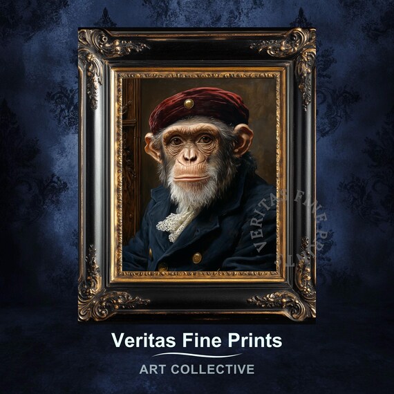 Chimpanzee In A Navy Coat And Red Velvet Beret Animal Poster