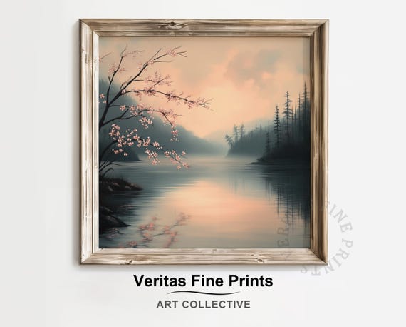 Moody Spring Lake At Dusk Art Tranquil Pastel Forest Painting Etheric Cottagecore Nature Scene Wall Art
