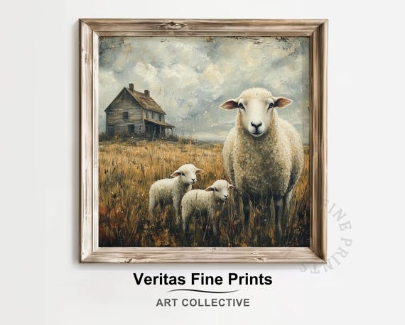Sheep And Lambs By An Old Barn Rustic Farmhouse Print Vintage Country Landscape Moody Autumn Wall Art Cottagecore Decor Art