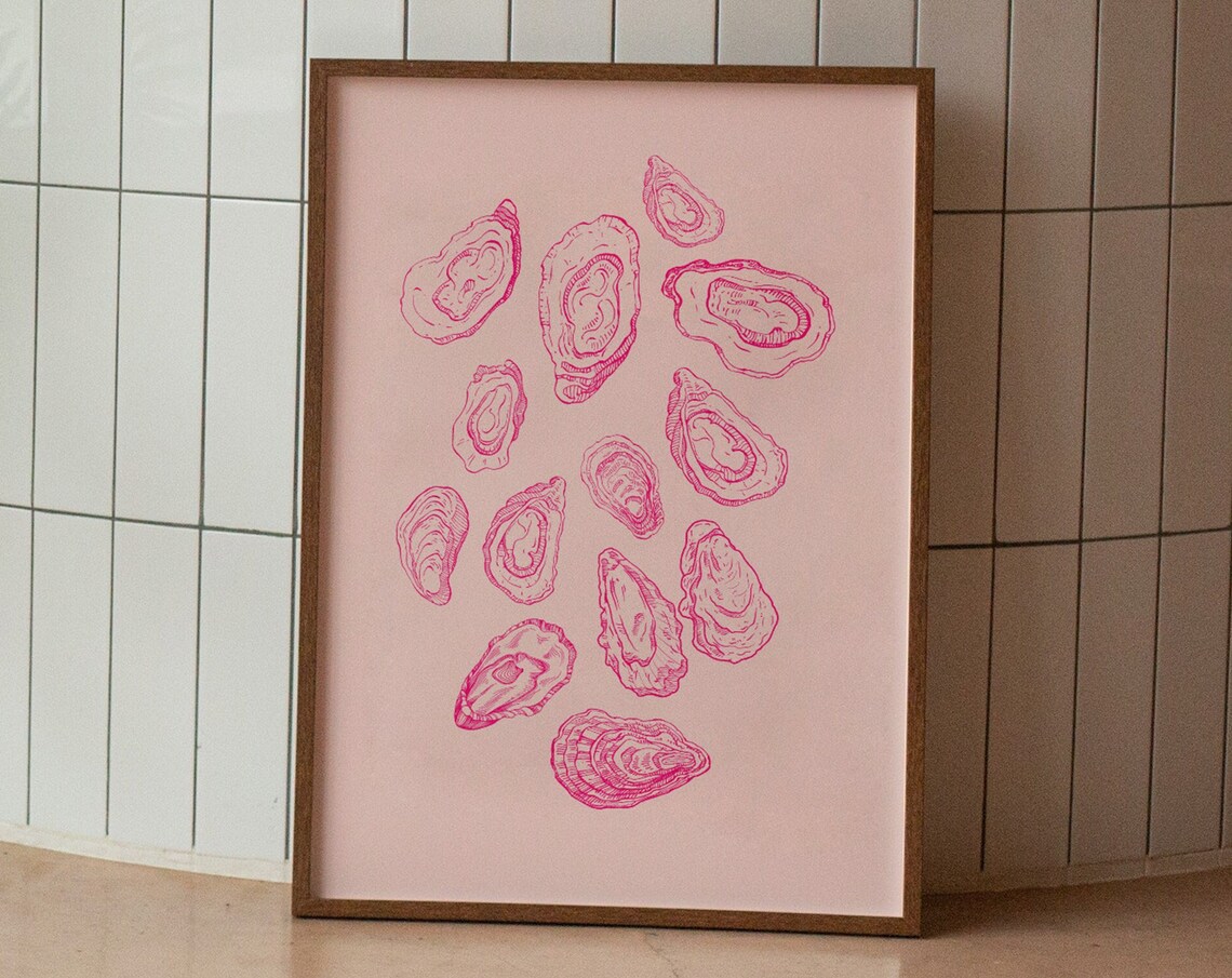 Pink And Red Oyster Art Print, Minimalist Coastal