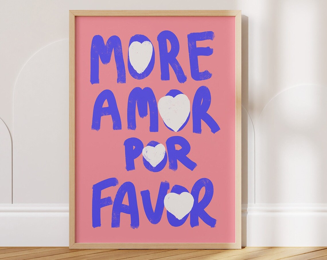 More Amor Por Favor Love Quote Poster Preppy Pink Blue Heart Decor