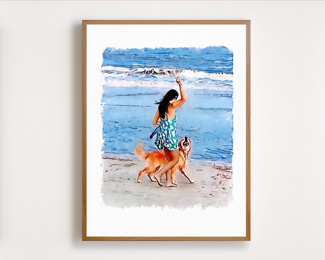 Smiling Man with Golden Dog on the Sandy Beach Watercolor Pet Poster - Image 7