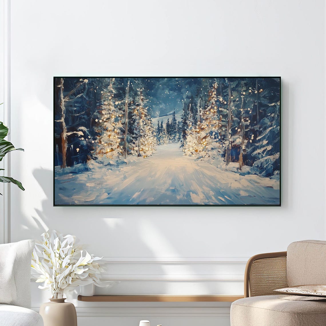 Snowy Winter Forest Path Twinkling Lights Starry Night Poster - Image 2