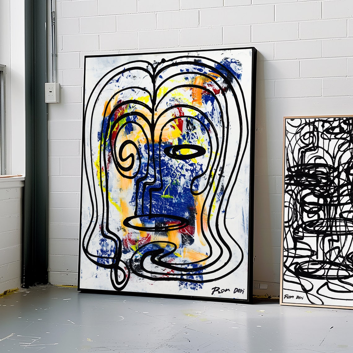 Black Line Art Face Over Blue Yellow Red Splashes Vertical Poster - Image 5