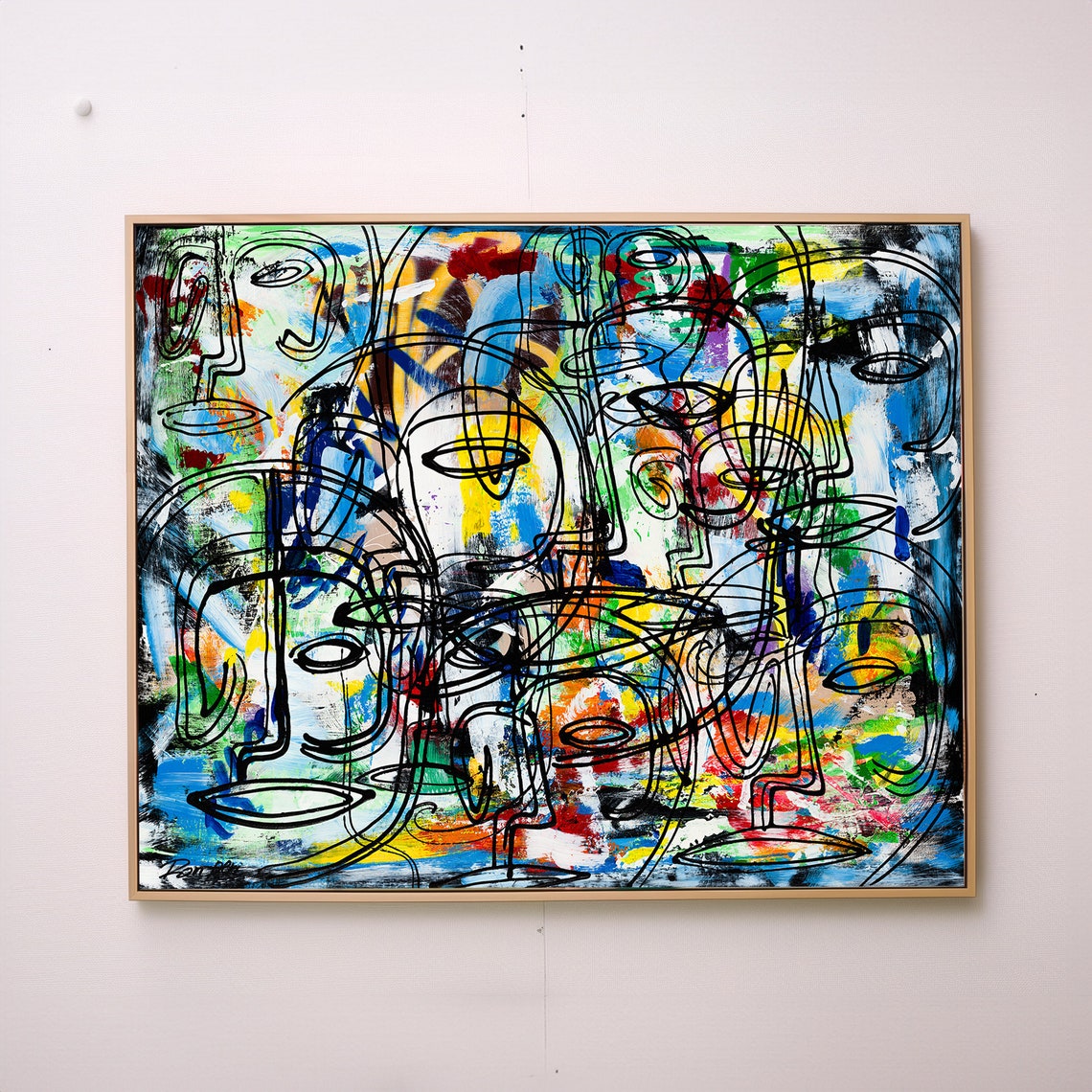 Ron Deri Line Faces on Blue and Multicolor Abstract Art Poster
