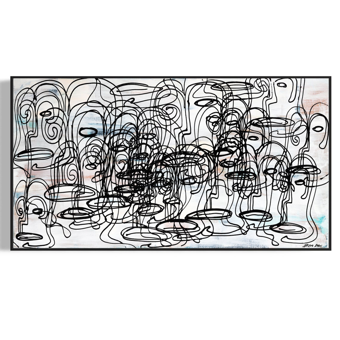 Ron Deri Black Line Faces Crowd on a Pale Blue White Art Poster
