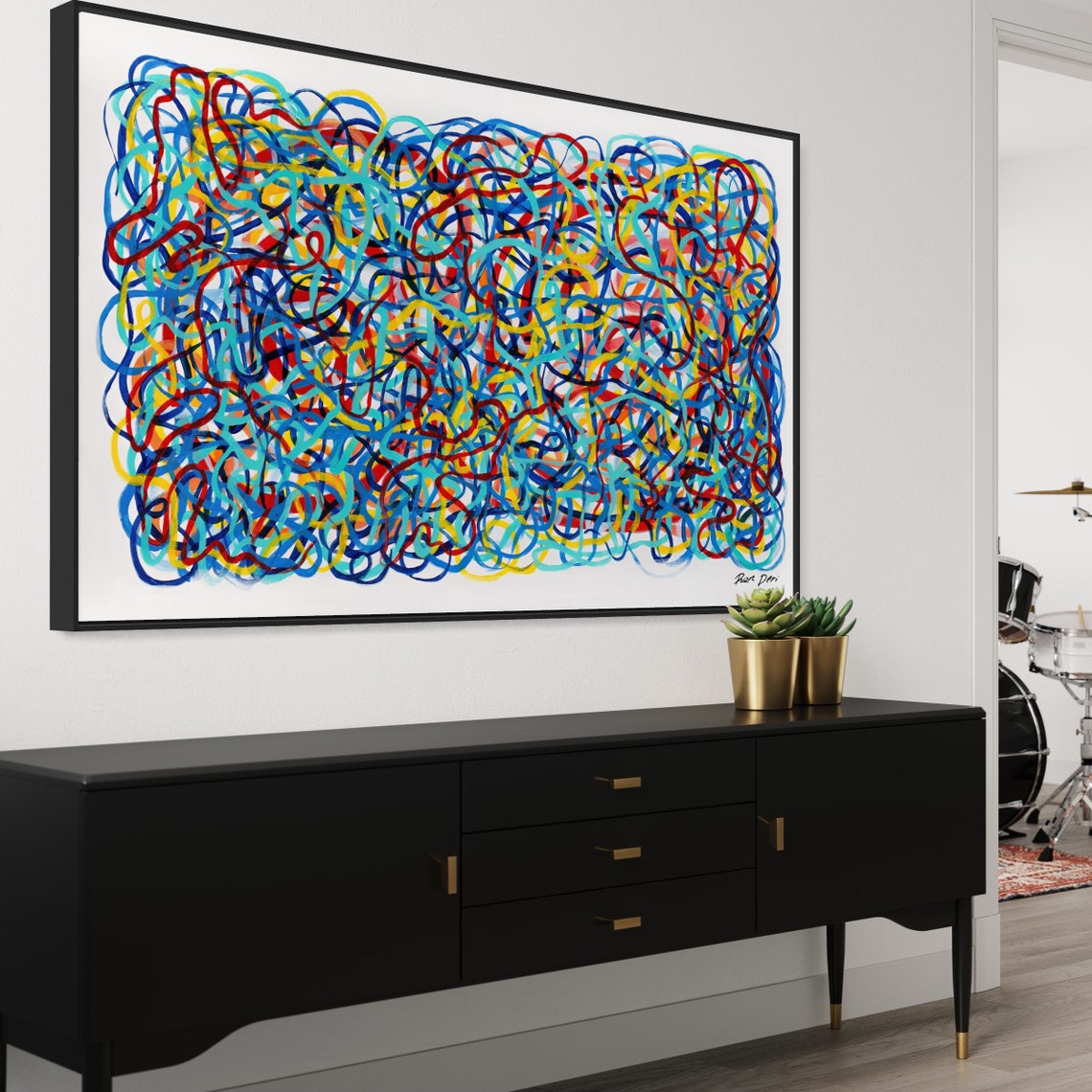 Tangled Multicolor Looping Lines Energetic Scribble Art Poster - Image 2