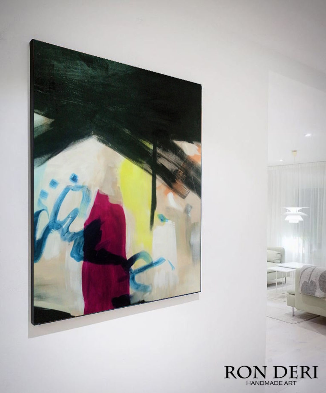 Tall Modern Abstract Dark Green Crimson Brushstroke Art Poster - Image 3