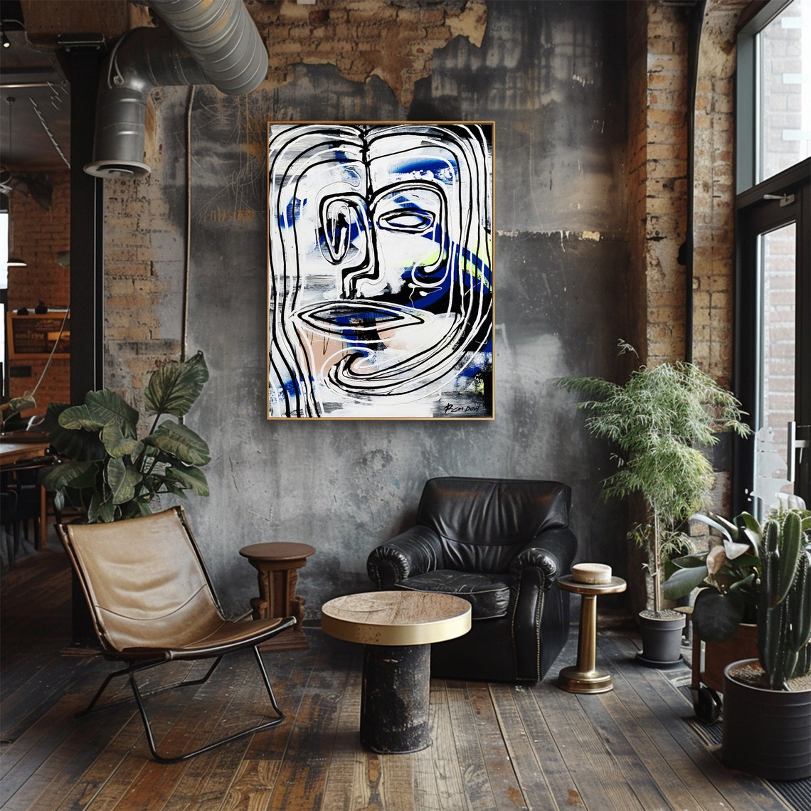 Line Art Face in Black and White with Blue Accents Vertical Poster - Image 3