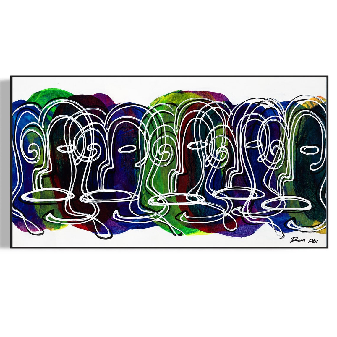 Ron Deri White Line Faces over a Rainbow Color Abstract Poster