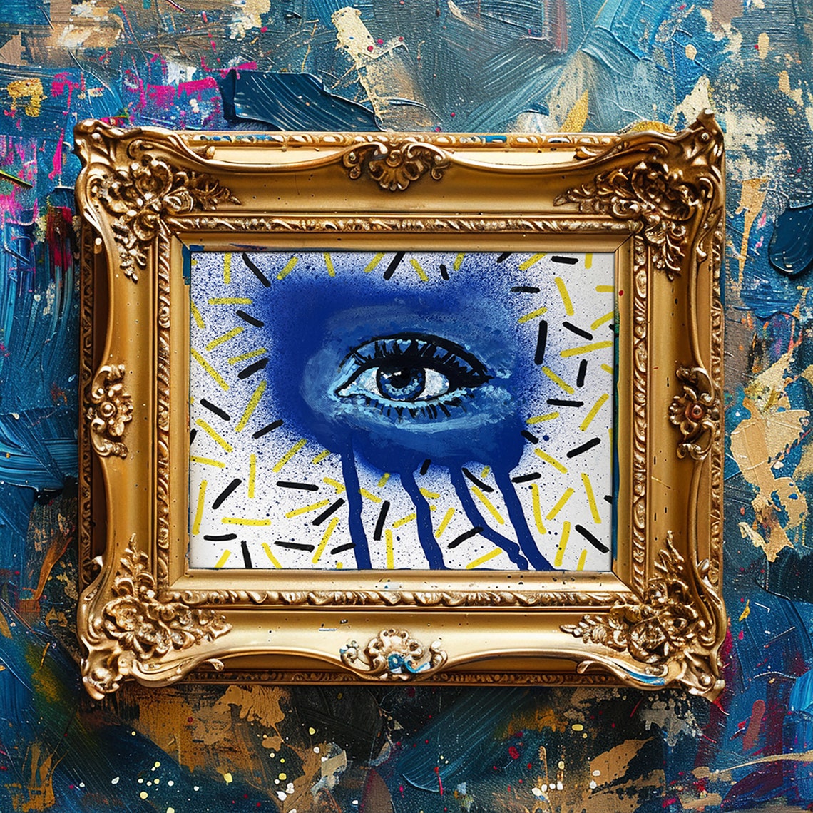 Surreal Dripping Blue Eye with Confetti Dashes Framed Art Poster