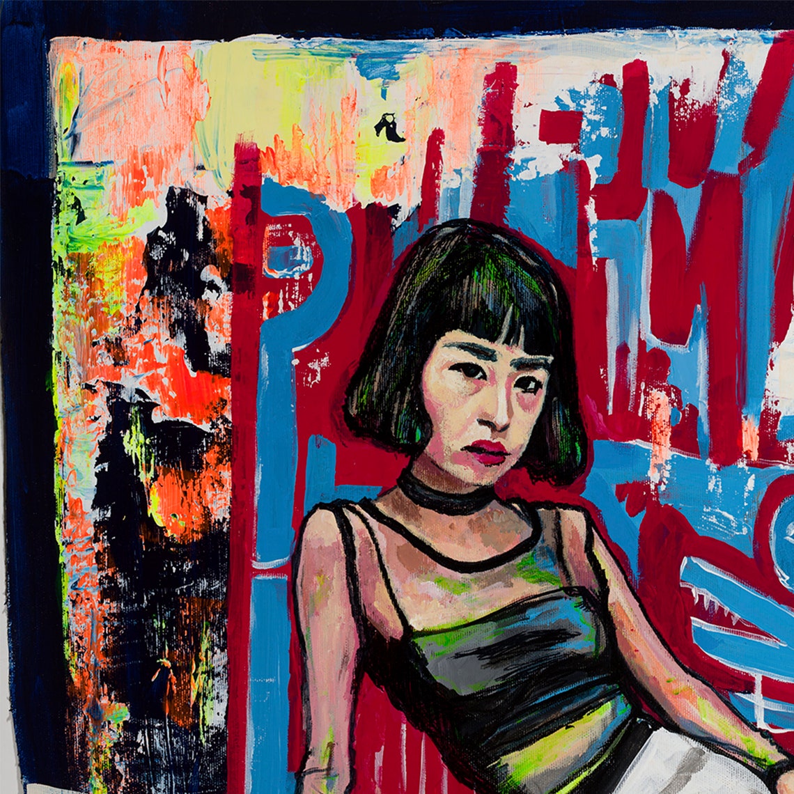 Pop Art Woman on Red Stairs Against Graffiti Wall Figurative Poster - Image 3