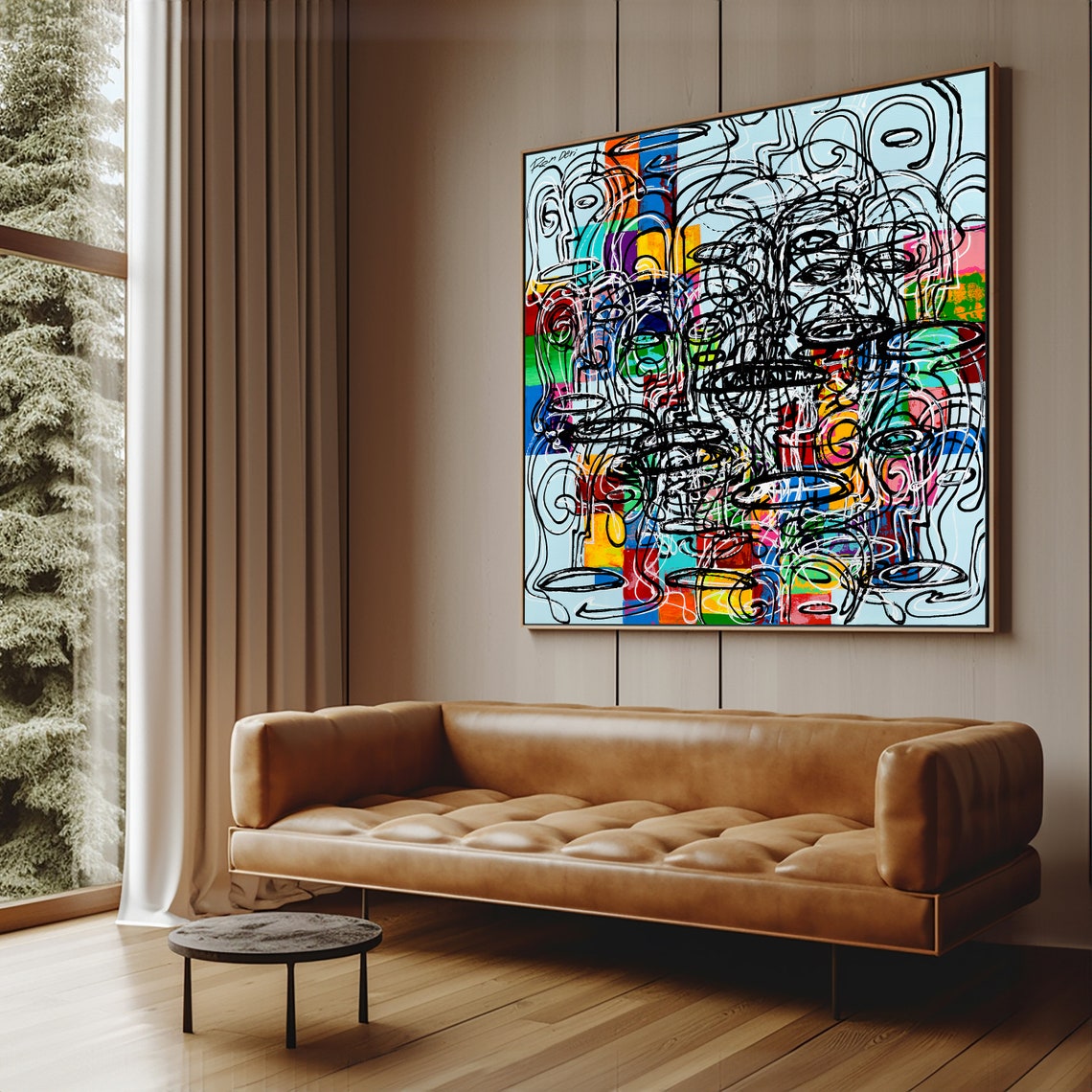 Dense Black Scribble Faces Over Colorful Patchwork Modern Art Poster - Image 5