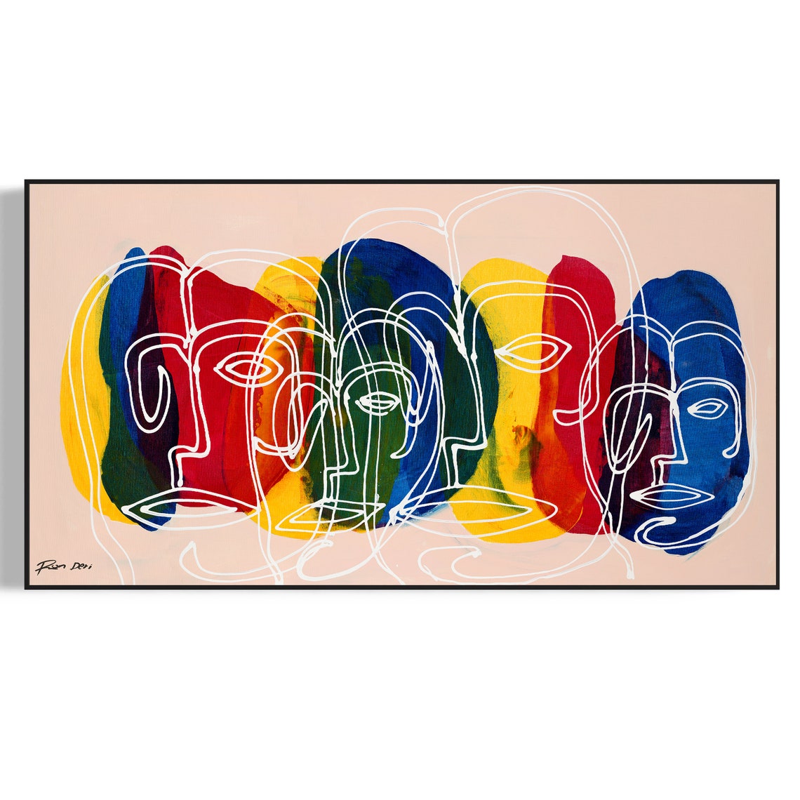 Ron Deri White Line Faces on Colorful Ovals Abstract Art Poster