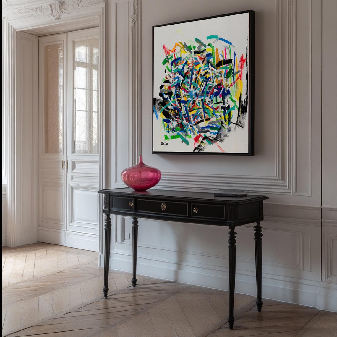 Magenta Burst Chaotic Brush Stroke Vertical Abstract Artwork Poster - Image 2