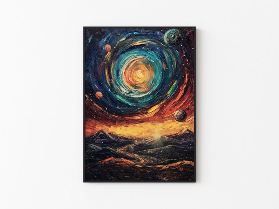 Teal Orange Spiral Galaxy Dark Mountain Ridge Impasto Art Poster