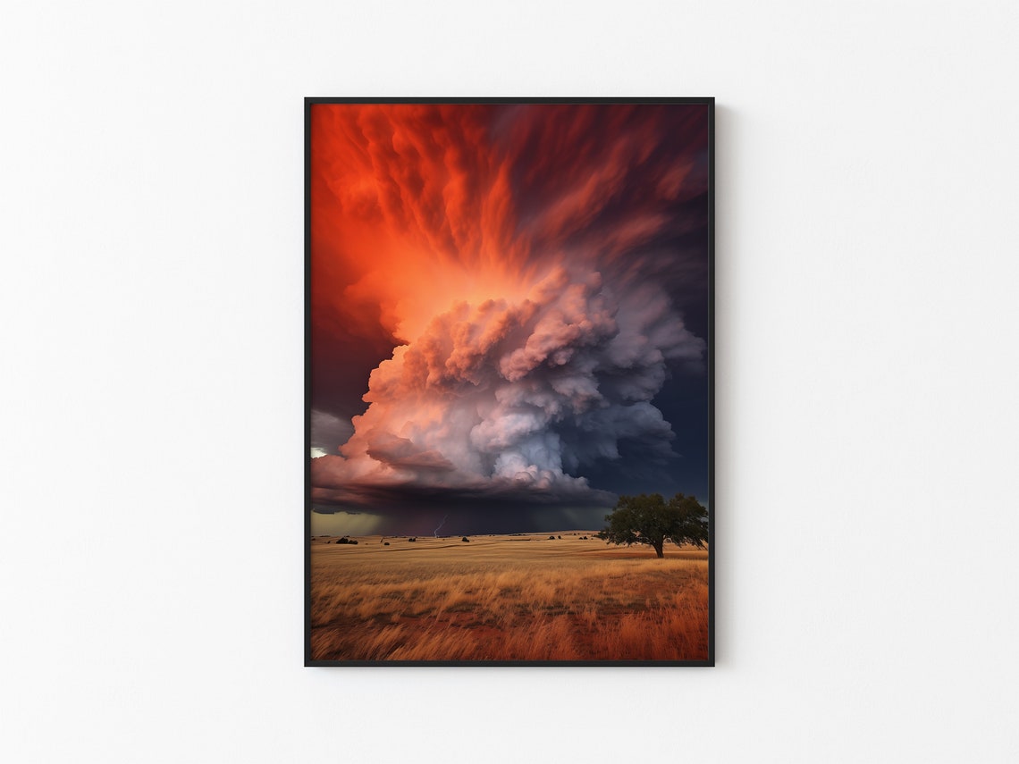 Giant Red Mushroom Supercell Over Wheat Field With Lone Tree Poster