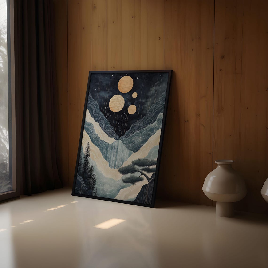 Four Spiral Gold Moons Misty Waterfall Pines Enchanted Night Poster - Image 2