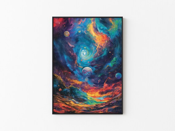 Rainbow Galaxy Whirlpool Planets Nebula Impasto Cosmic Art Poster