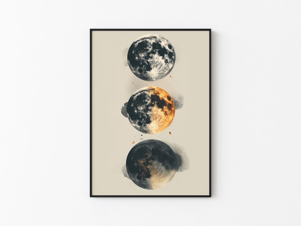 Three Large Moons Stacked Gold Black Cream Abstract Art Poster