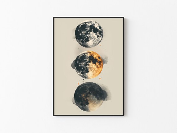 Three Large Moons Stacked Gold Black Cream Abstract Art Poster