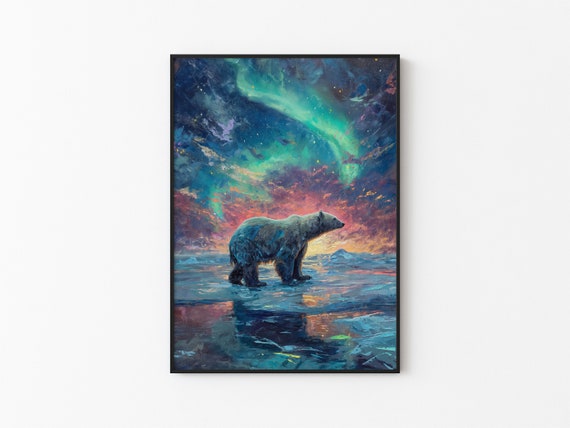 Aurora Borealis Wilderness Northern Lights Instant Art Poster Polar Bear Versatile Sizes Colorful Impasto Print 16