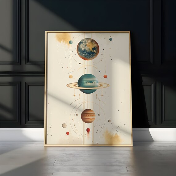 Minimalist Solar System Planets Gold Orbit Chart Cream Art Poster