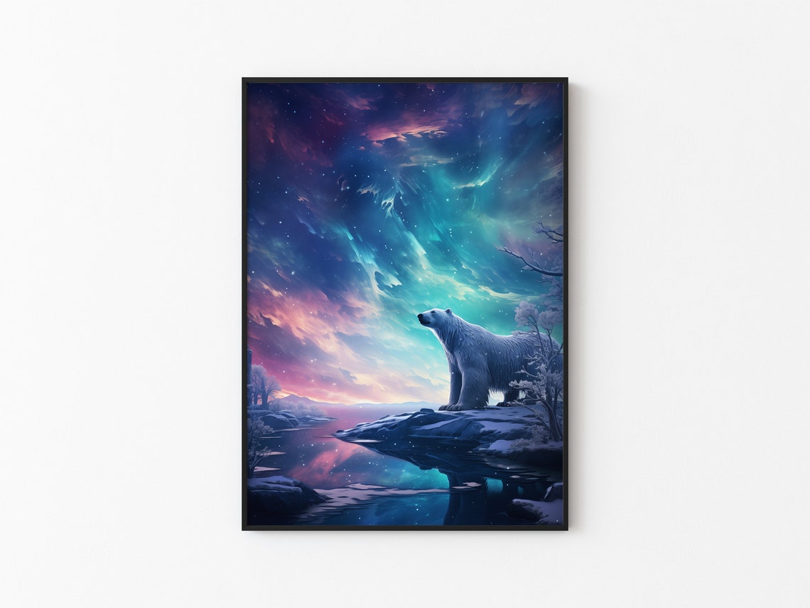 Aurora Borealis Wilderness Northern Lights Instant Art Poster Polar Bear Versatile Sizes Colorful Print 4