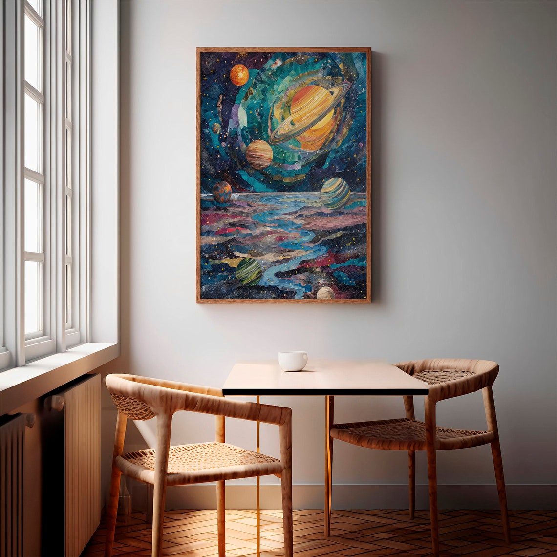 Ringed Giant Planet Teal Clouds Ocean River Cosmic Art Poster - Image 3