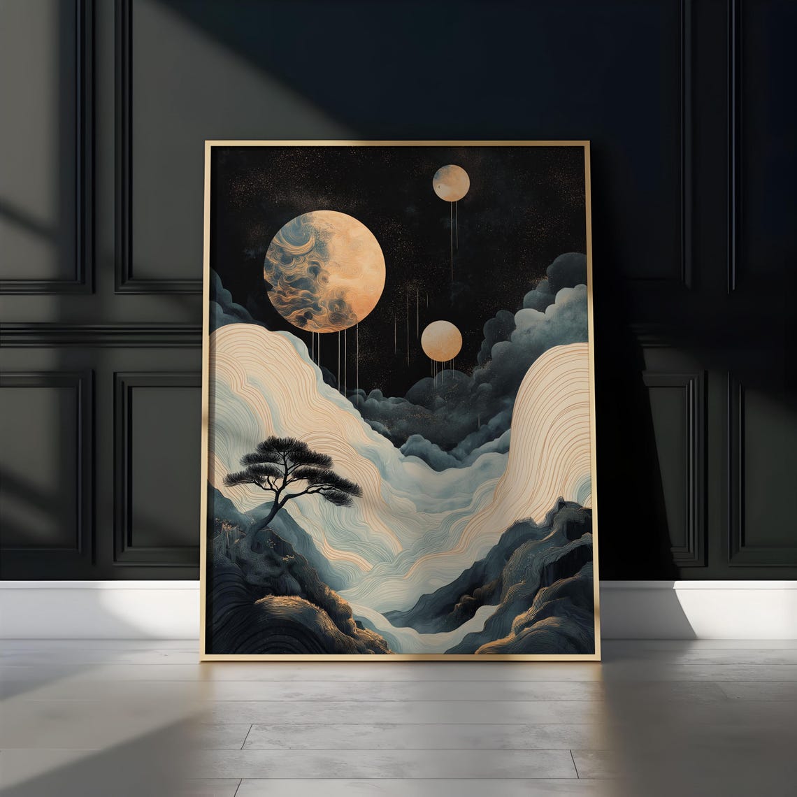 Three Dripping Moons Waterfall Clouds Pine Cliff Japandi Night Poster