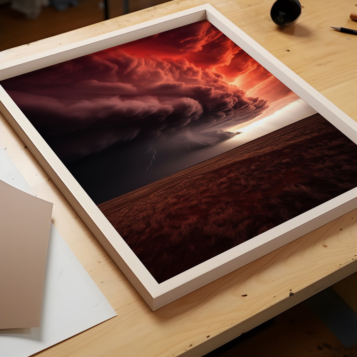Red Supercell Storm With Lightning Bolt Over Open Plain Poster - Image 2