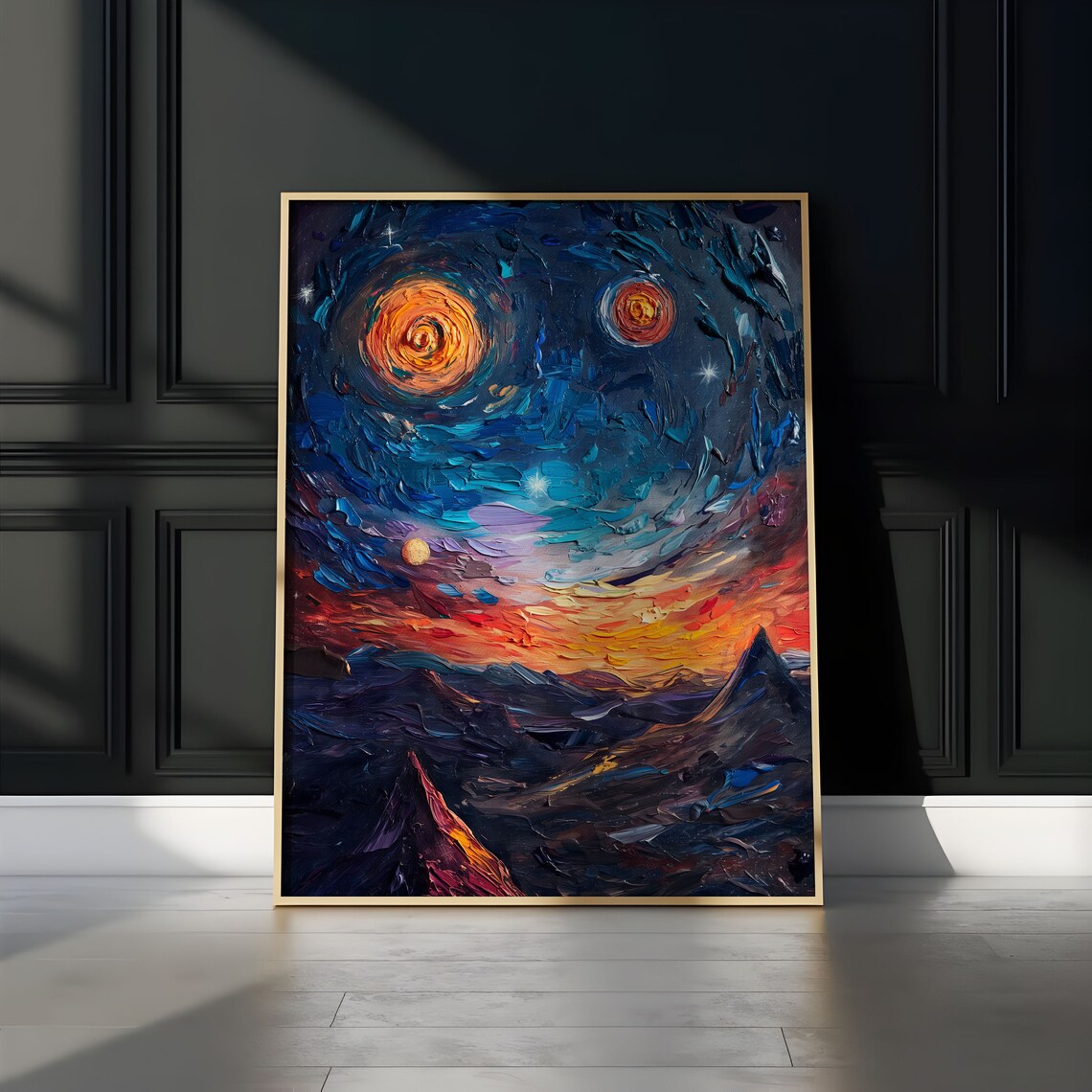 Twin Golden Spiral Galaxies Mountain Peaks Impasto Art Poster - Image 2