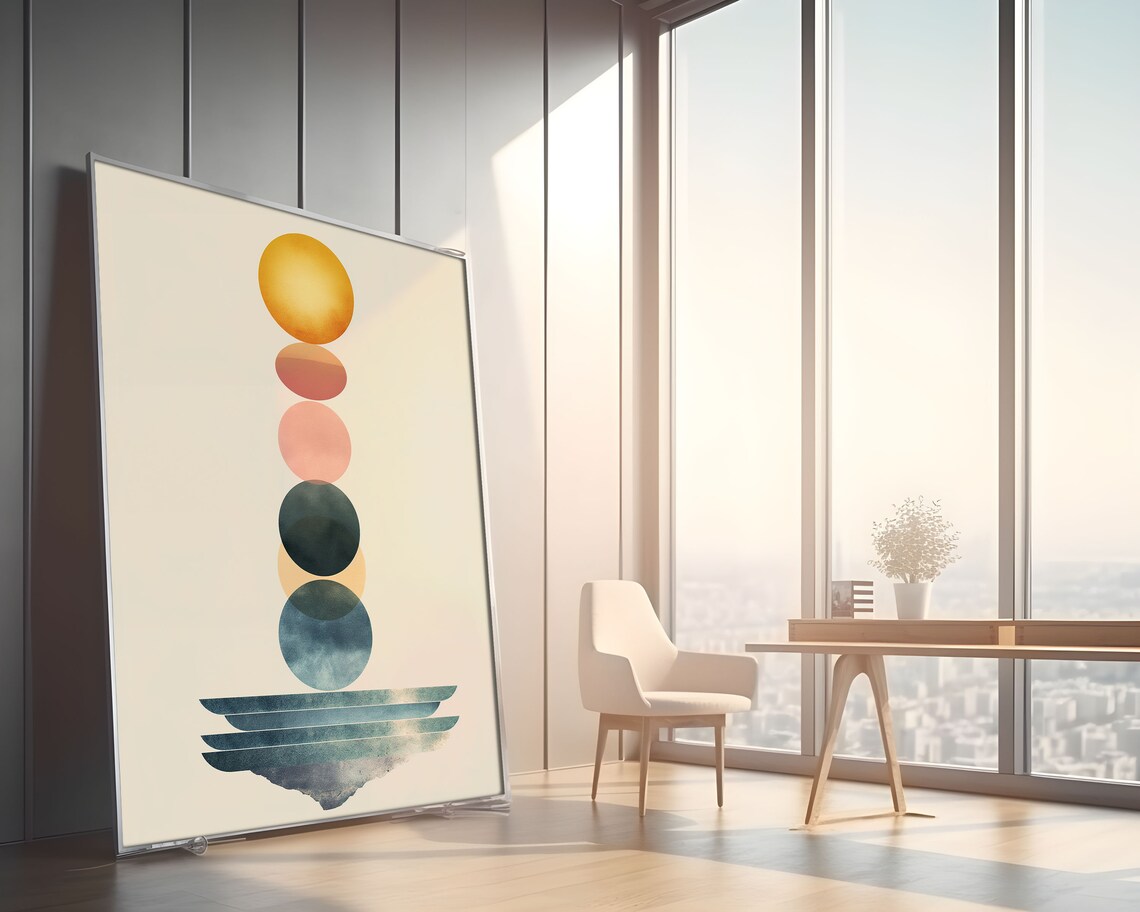 Gold Sun Orb Column Watercolor Balanced Teal Wave Base Abstract Art Print - Image 2