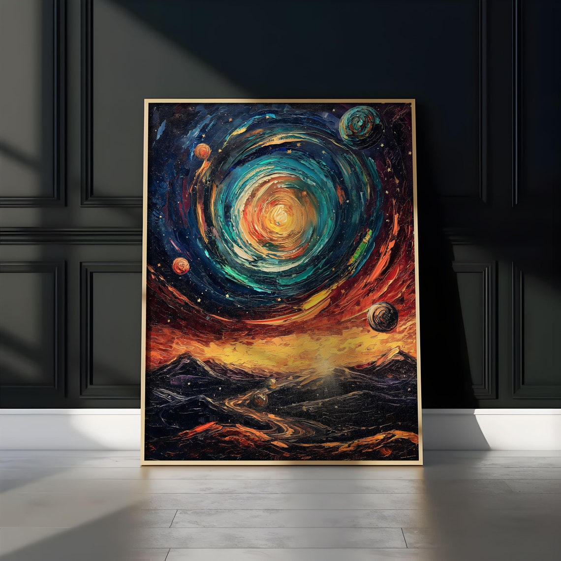 Teal Orange Spiral Galaxy Dark Mountain Ridge Impasto Art Poster - Image 3