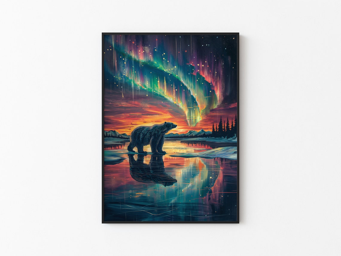 Aurora Borealis Wilderness Northern Lights Instant Art Poster Polar Bear Versatile Sizes Colorful Print 1 - Image 3