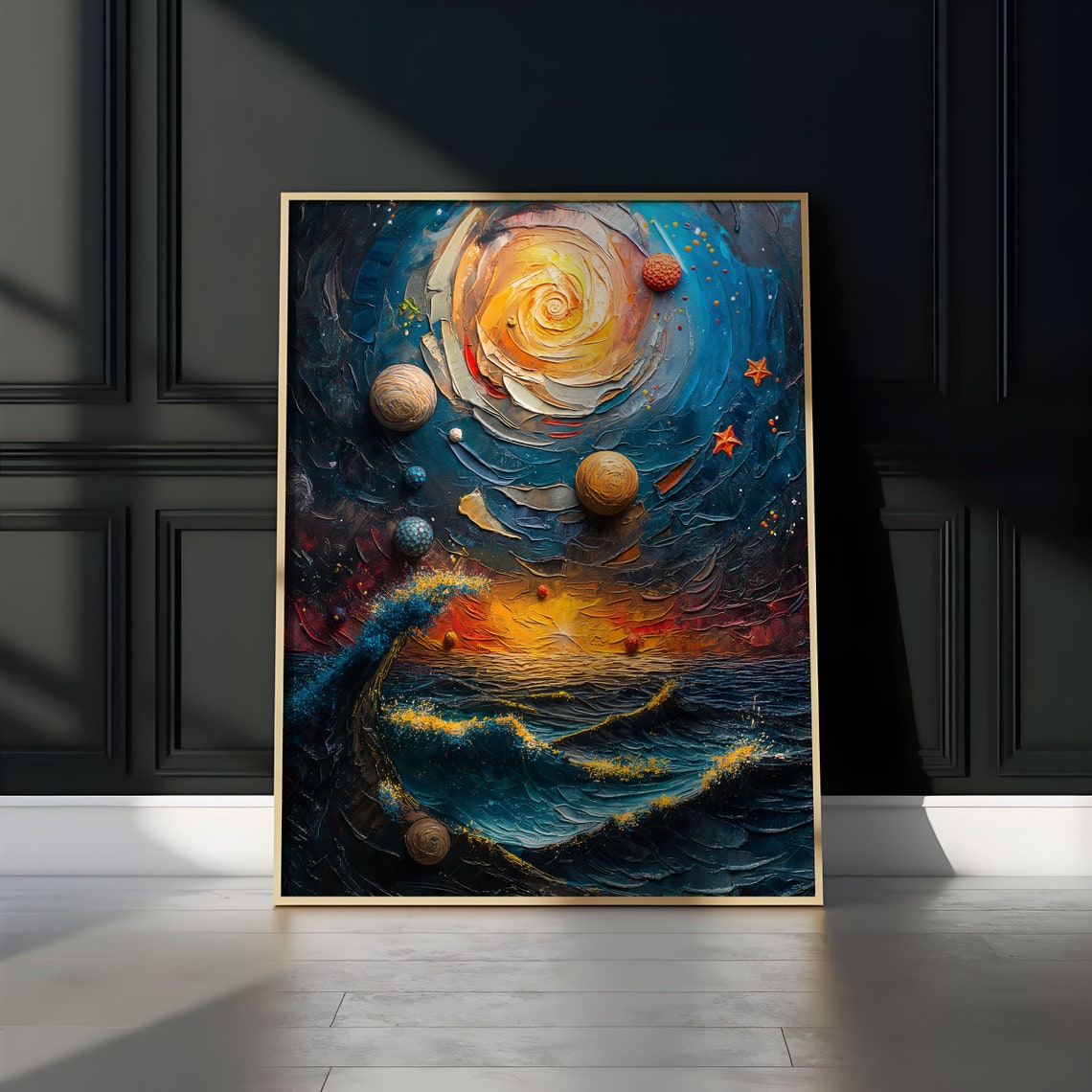Blue Whirlpool Galaxy Spiral Sun Ocean Wave Impasto Art Poster - Image 3