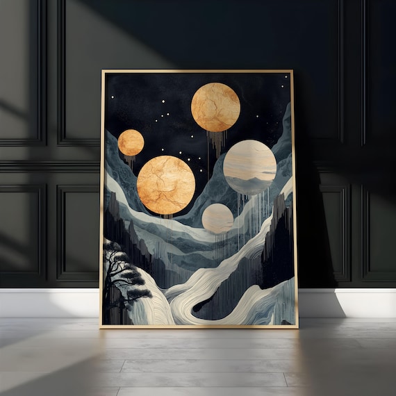 Five Cracked Gold Moons Wave Ribbons Mountain Night Sky Art Poster