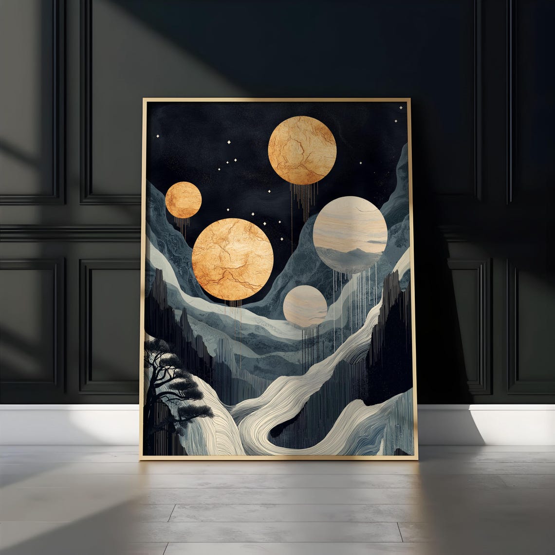 Five Cracked Gold Moons Wave Ribbons Mountain Night Sky Art Poster
